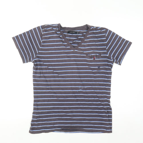 Junk de Luxe Men's Grey Striped V-Neck Cotton T-Shirt Size M