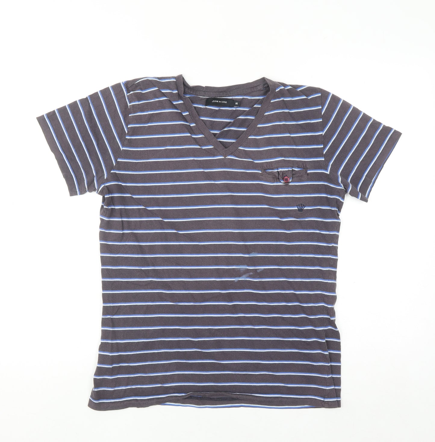 Junk de Luxe Men's Grey Striped V-Neck Cotton T-Shirt Size M