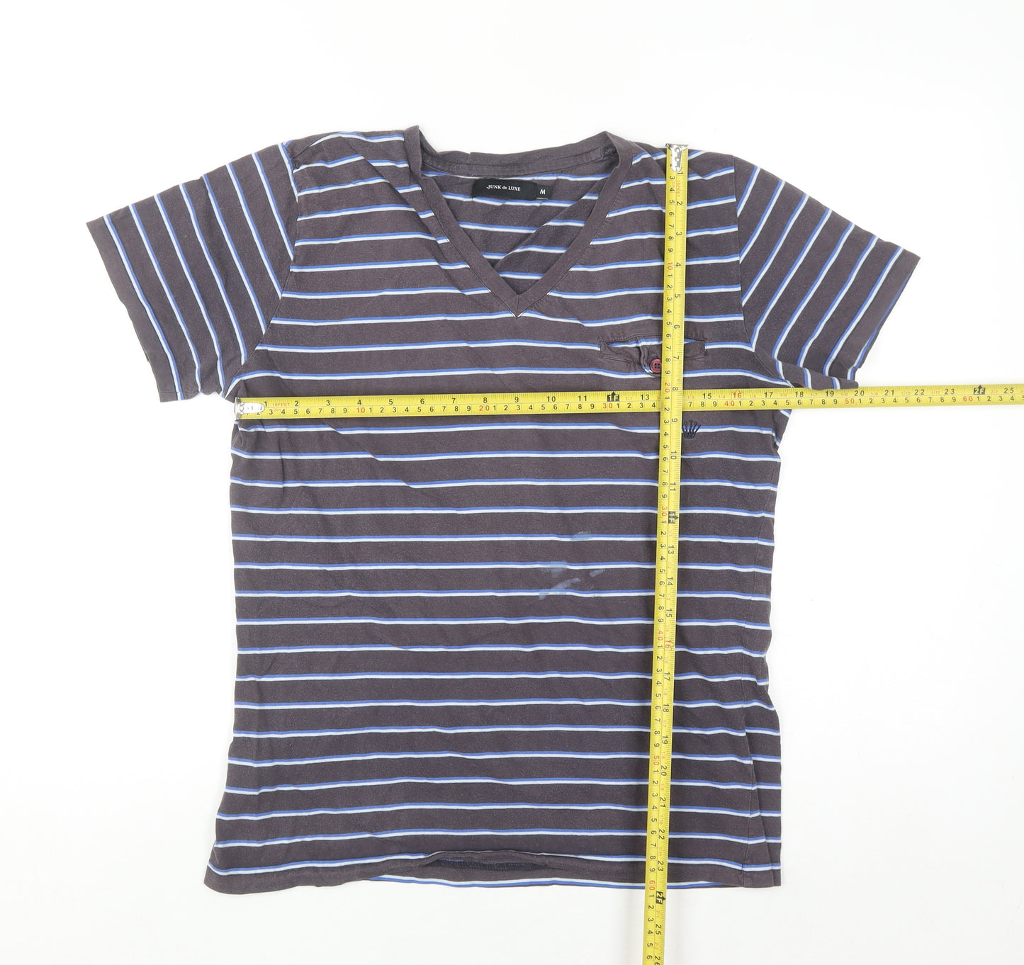 Junk de Luxe Men's Grey Striped V-Neck Cotton T-Shirt Size M