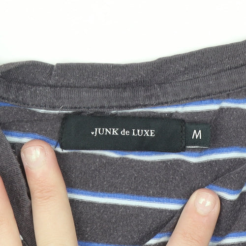 Junk de Luxe Men's Grey Striped V-Neck Cotton T-Shirt Size M