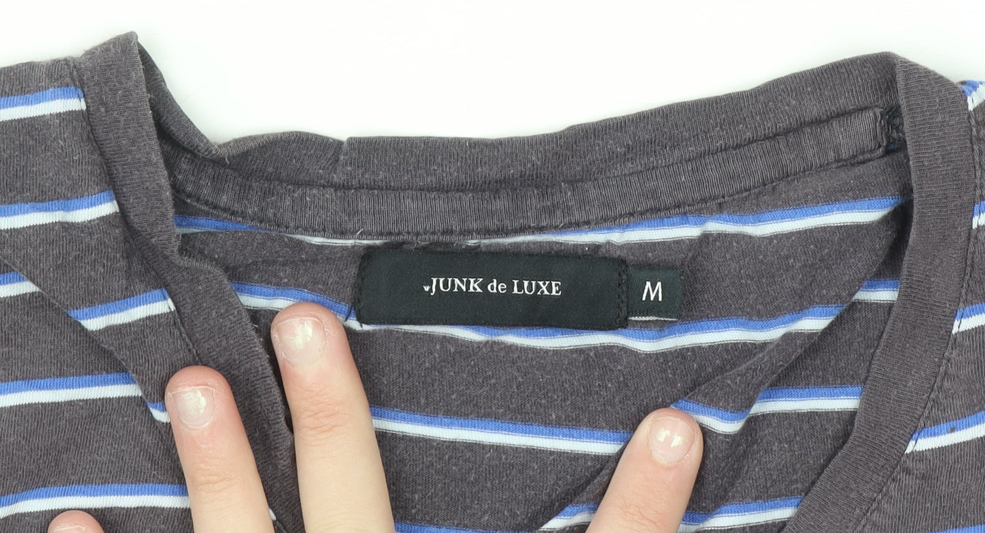 Junk de Luxe Men's Grey Striped V-Neck Cotton T-Shirt Size M