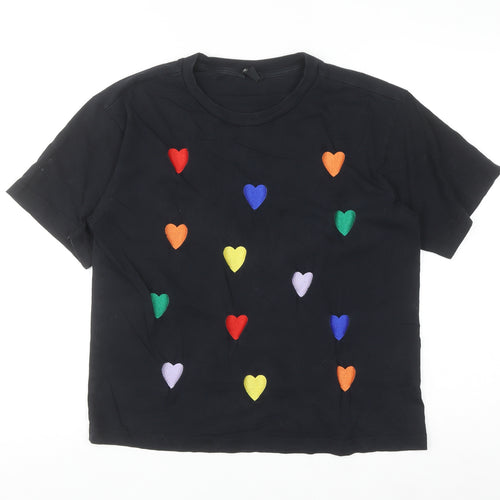 Monki Women's Black Rainbow Heart Embroidered Cotton T-Shirt Size S