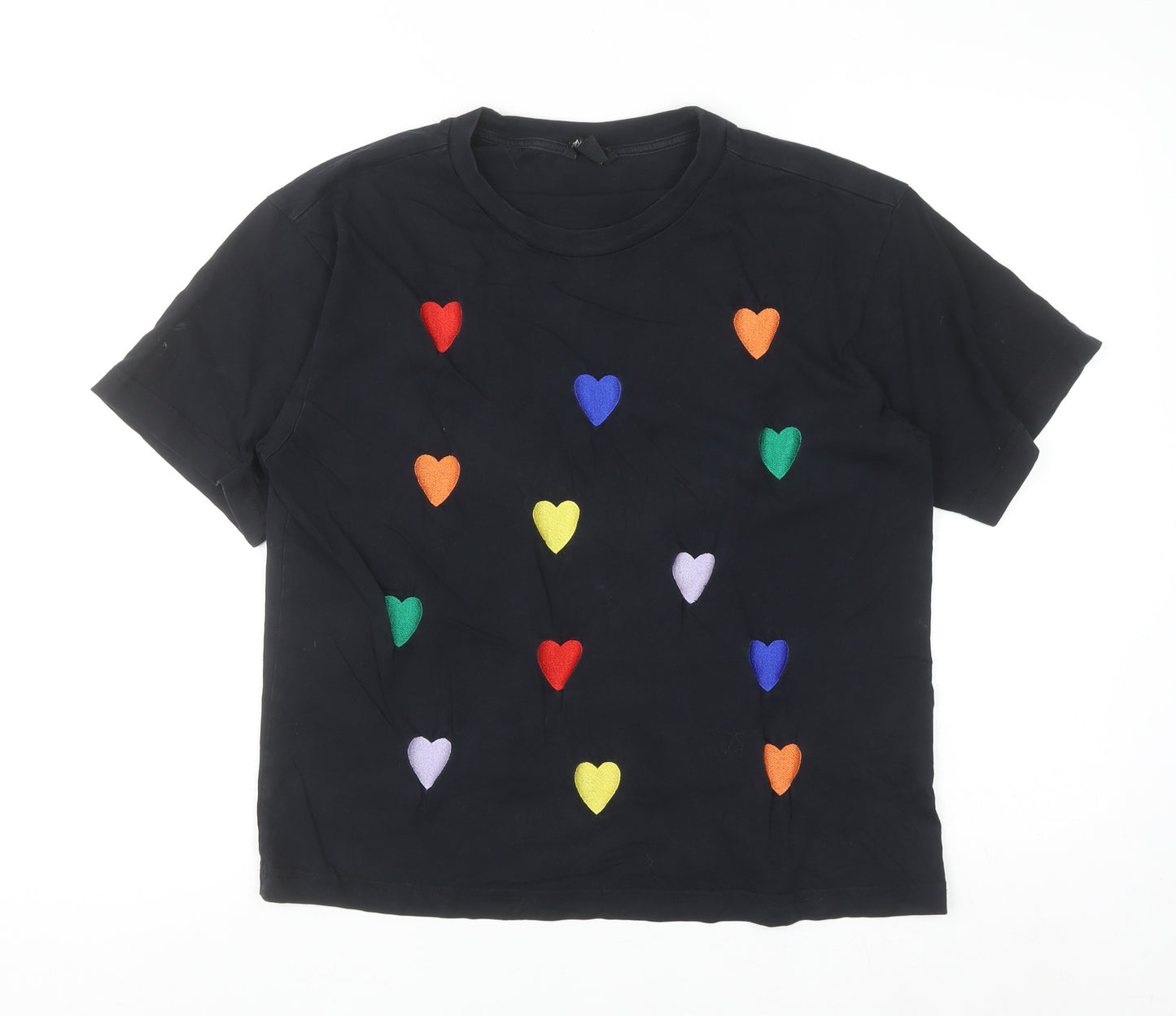 Monki Women's Black Rainbow Heart Embroidered Cotton T-Shirt Size S