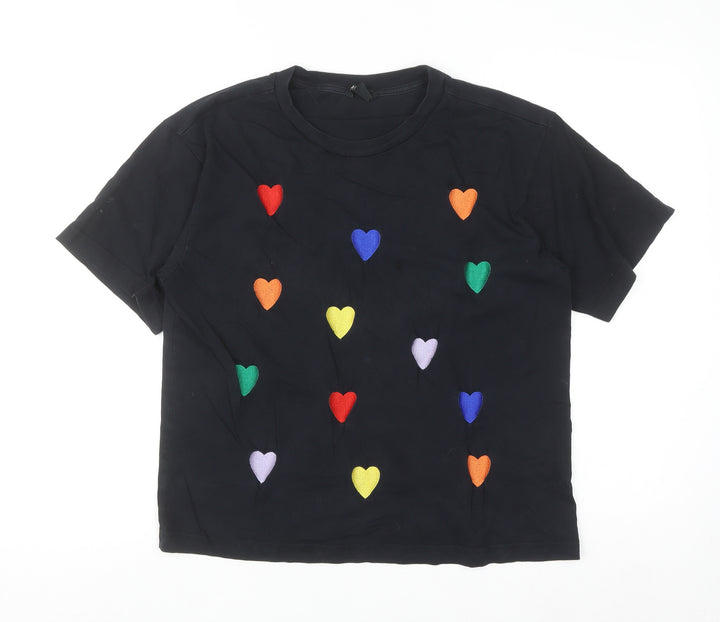 Monki Women's Black Rainbow Heart Embroidered Cotton T-Shirt Size S