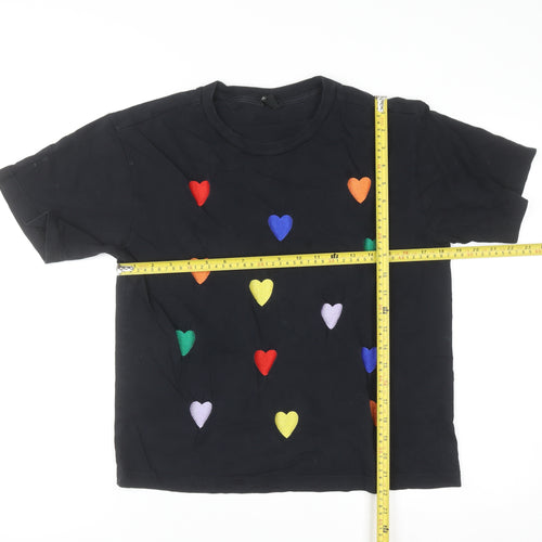Monki Women's Black Rainbow Heart Embroidered Cotton T-Shirt Size S