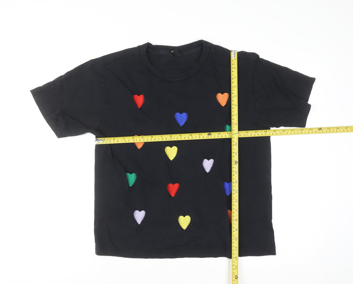 Monki Women's Black Rainbow Heart Embroidered Cotton T-Shirt Size S