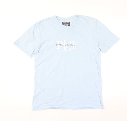 Pretty Little Thing Men Light Blue Cotton Crew Neck T-Shirt Size S