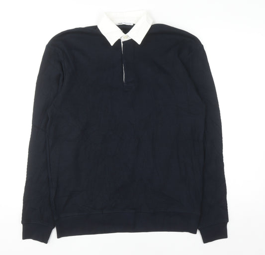 Zara Men Blue Collared Pullover Jumper Medium Cotton Long Sleeve