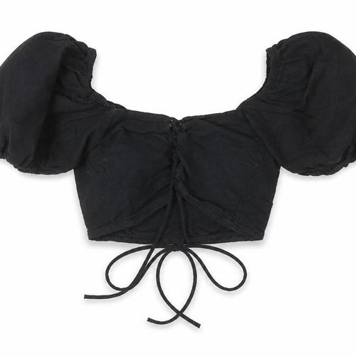Motel Women's Black Cotton Cropped Puff Sleeve Blouse XS