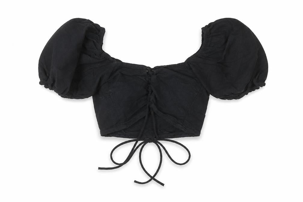 Motel Women's Black Cotton Cropped Puff Sleeve Blouse XS