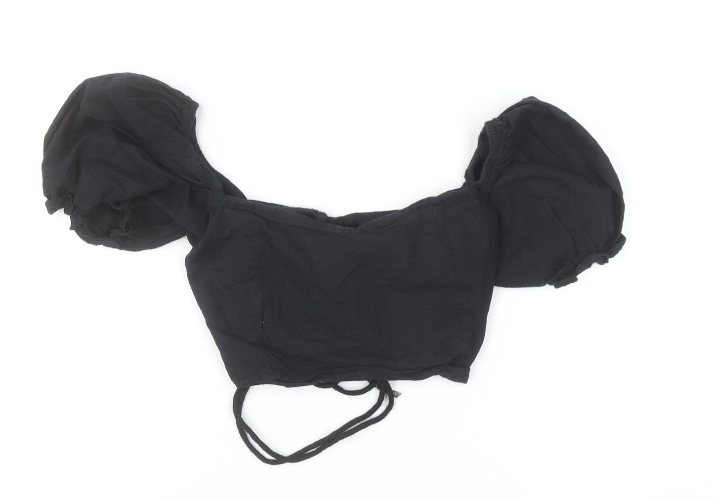Motel Women's Black Cotton Cropped Puff Sleeve Blouse XS