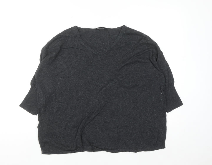 Mango Women's Grey V-Neck 3/4 Sleeve Cotton Pullover Jumper 2XS