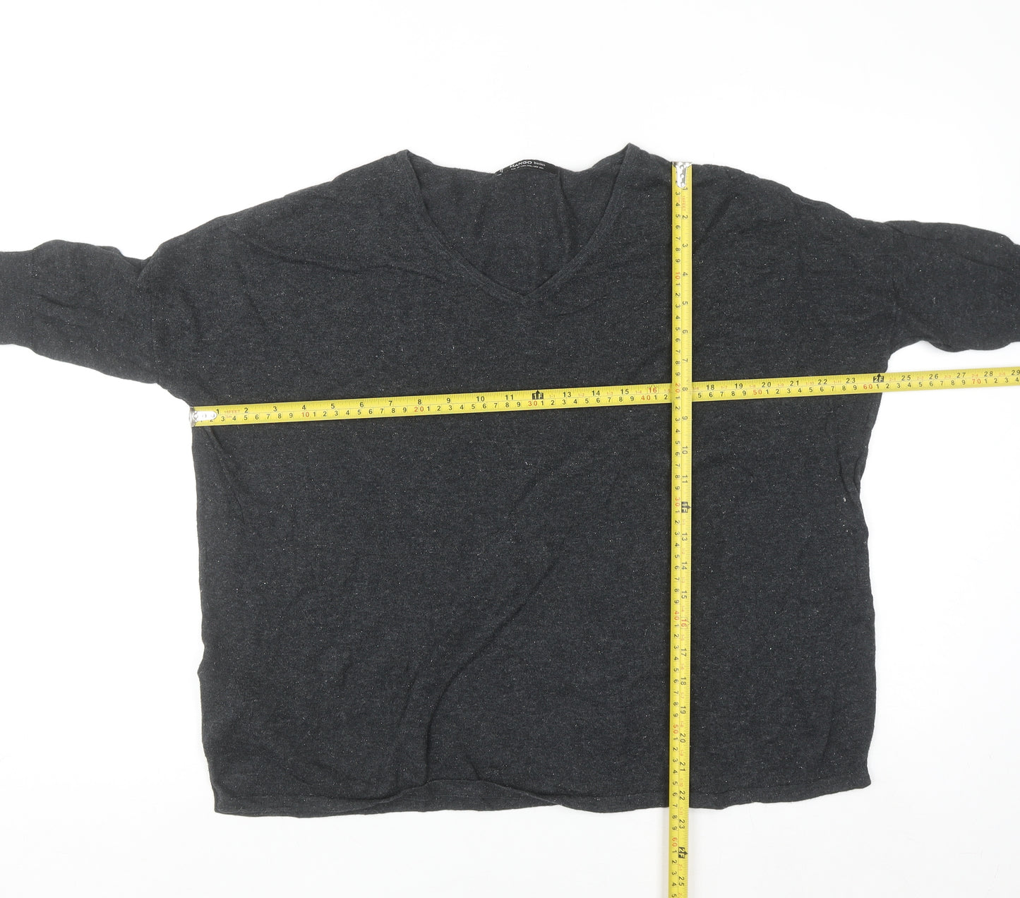 Mango Women's Grey V-Neck 3/4 Sleeve Cotton Pullover Jumper 2XS