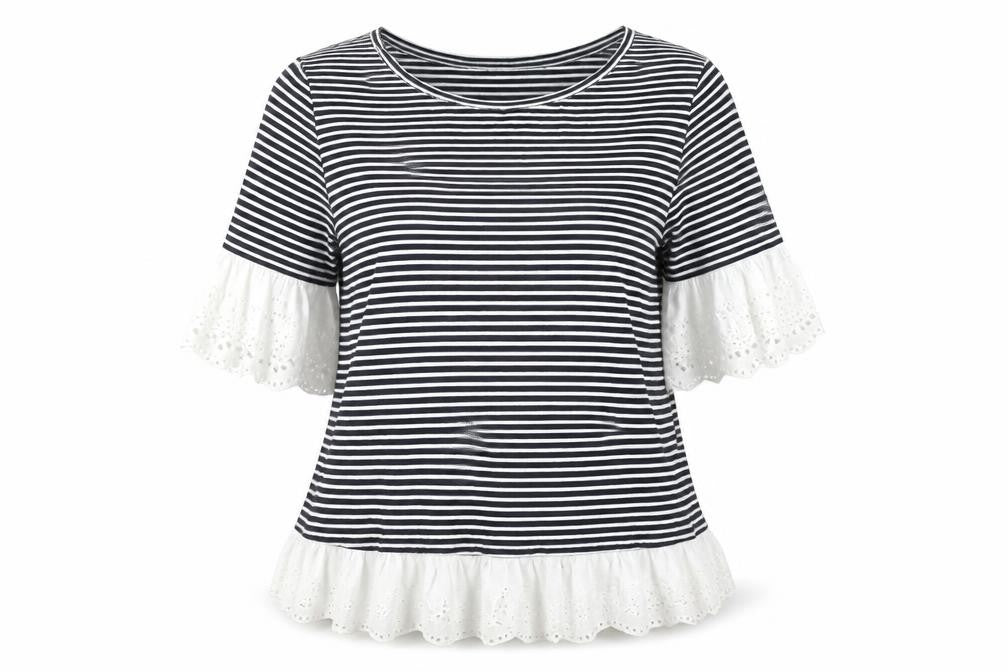 Front view of Falmer Heritage Women's Navy Stripe Cotton Ruffle Blouse, size 12