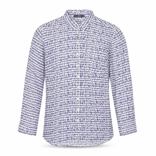 Front view of Brax Men's Blue Geometric Viscose Long Sleeve Button-Up Shirt, size 42
