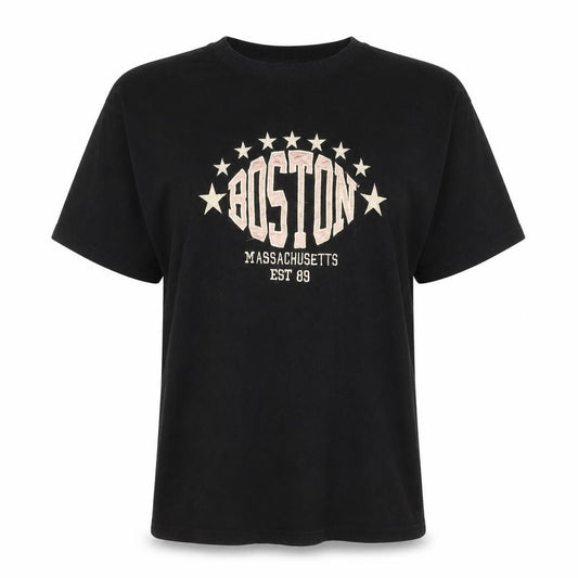 Front view of PRETTYLITTLETHING Women's Black Boston Graphic T-Shirt UK 12