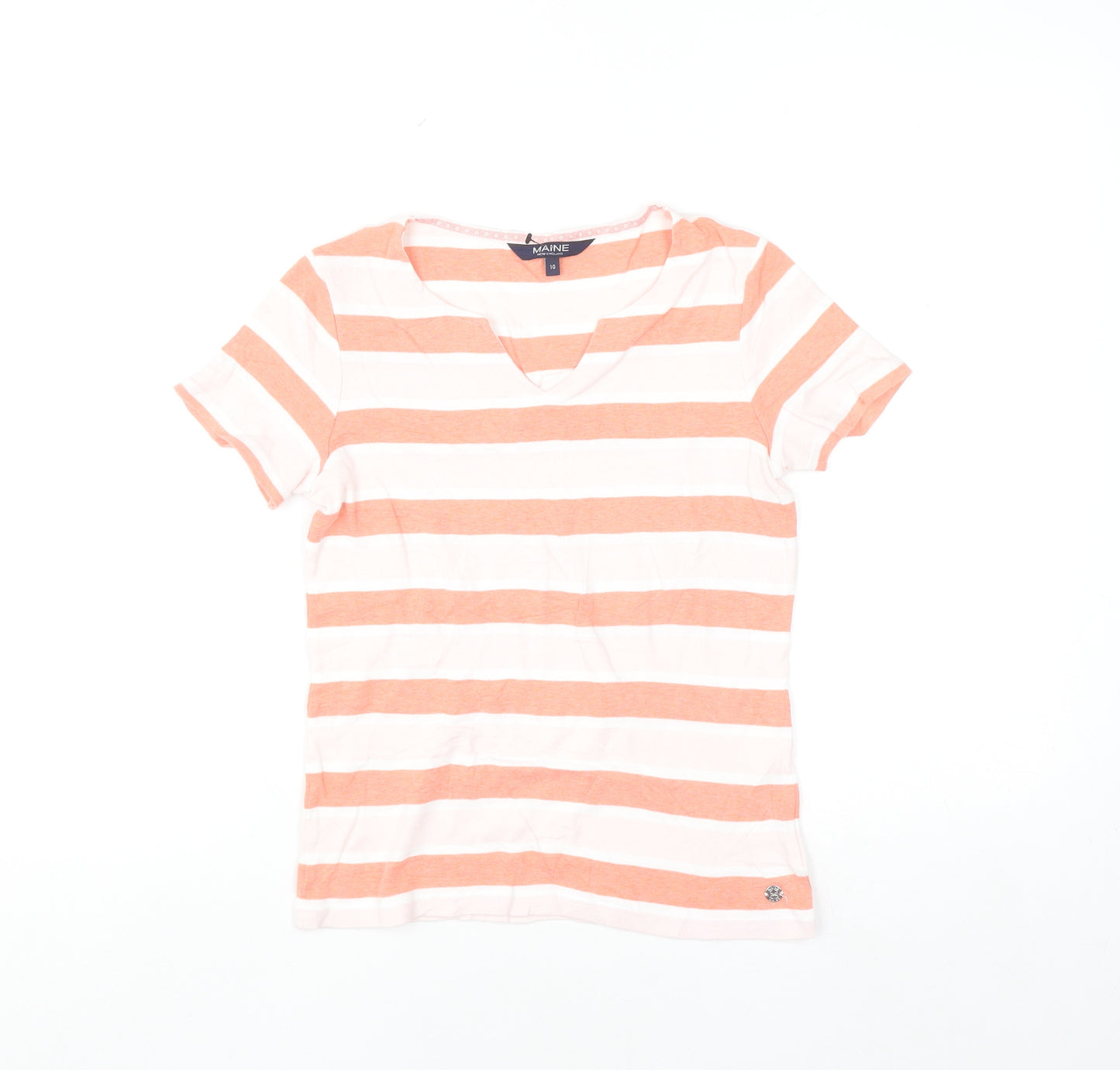 Maine New England Women's Orange White Striped Cotton V-Neck T-Shirt Size 10