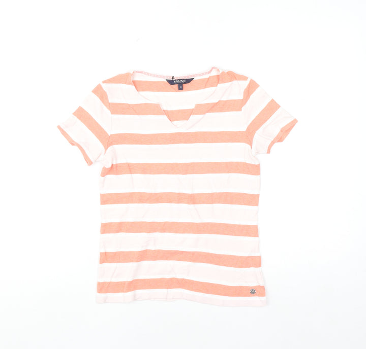 Maine New England Women's Orange White Striped Cotton V-Neck T-Shirt Size 10