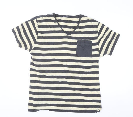 French Connection Men’s Black Striped V-Neck Cotton T-Shirt XL