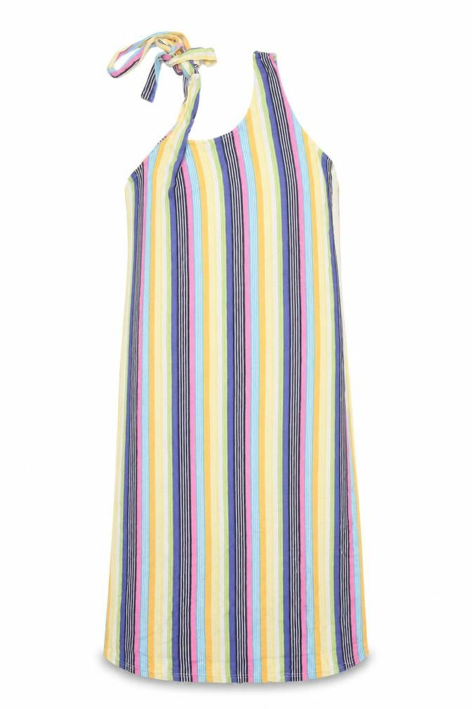 Front view of Studio women’s multicoloured stripe one shoulder slip dress, size UK 16