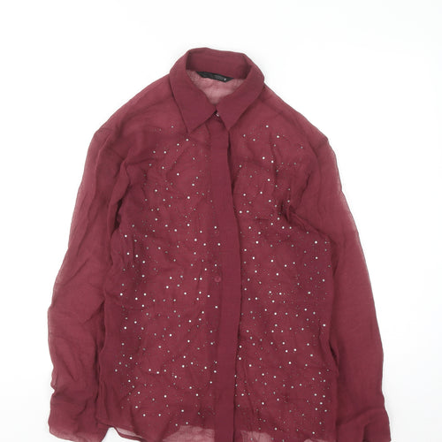Zara Women Red Rhinestone Button-Up Long Sleeve Cotton Shirt XS