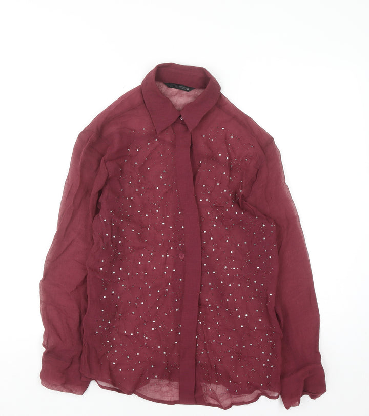 Zara Women Red Rhinestone Button-Up Long Sleeve Cotton Shirt XS