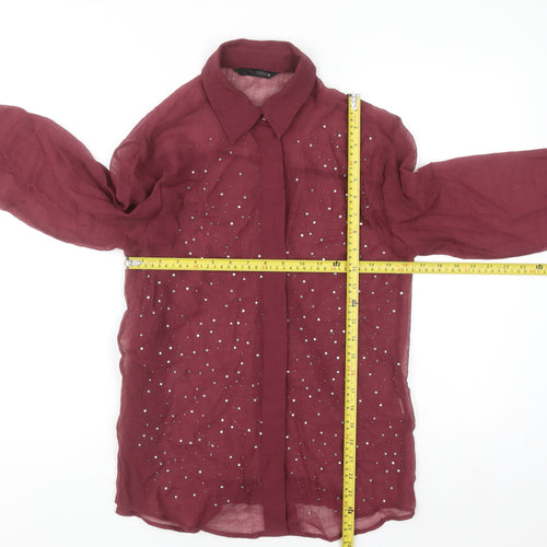 Zara Women Red Rhinestone Button-Up Long Sleeve Cotton Shirt XS