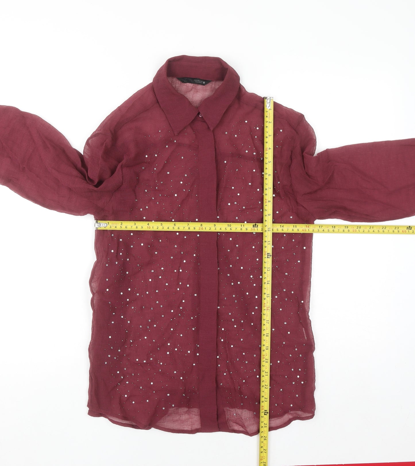 Zara Women Red Rhinestone Button-Up Long Sleeve Cotton Shirt XS