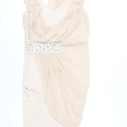Lipsy Women Beige Beaded Bodycon Sleeveless Party Dress Size 8