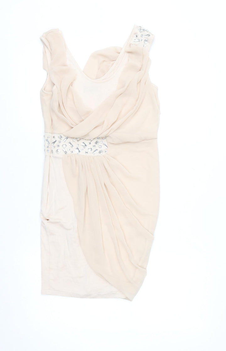 Lipsy Women Beige Beaded Bodycon Sleeveless Party Dress Size 8