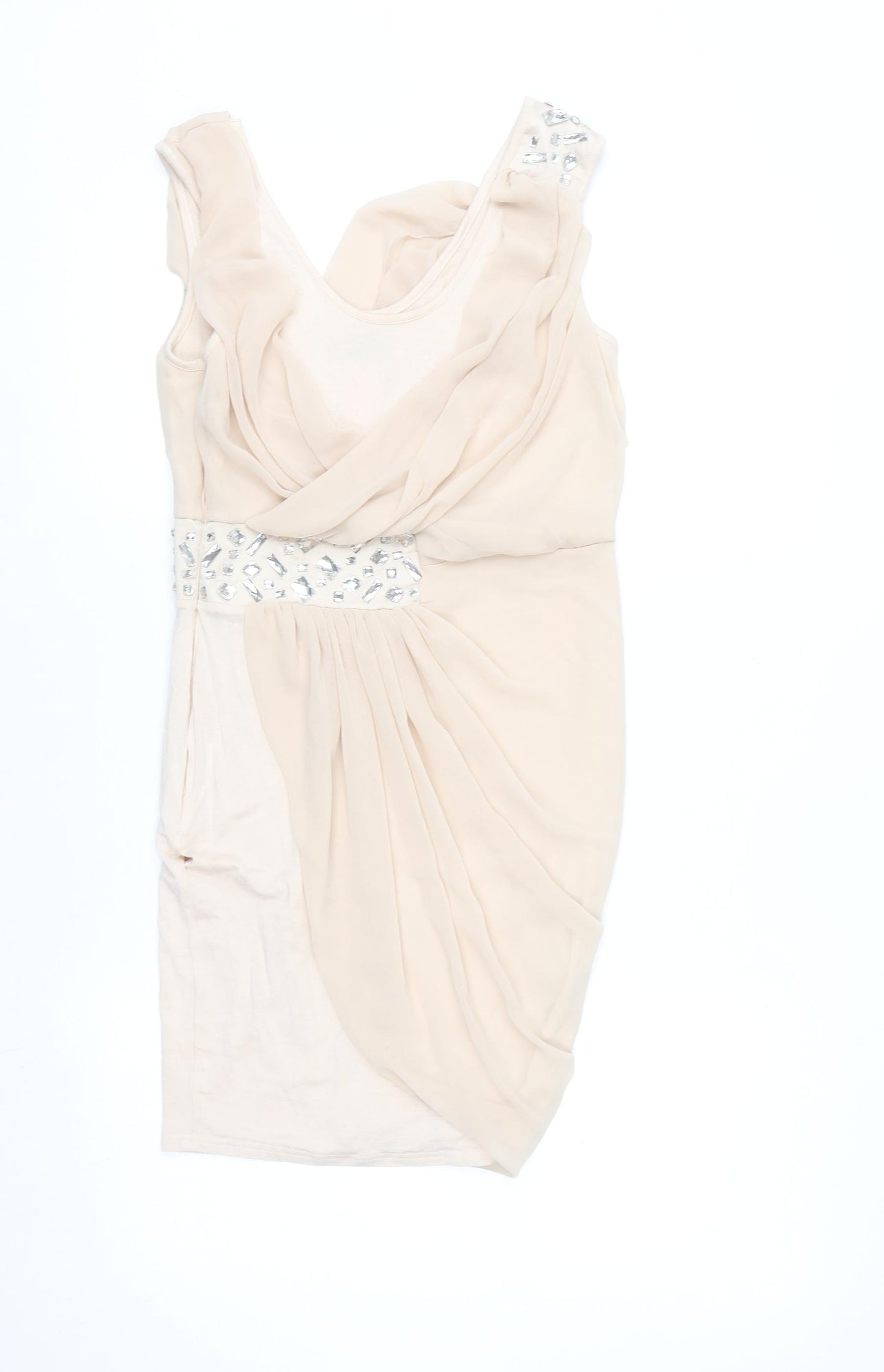 Lipsy Women Beige Beaded Bodycon Sleeveless Party Dress Size 8