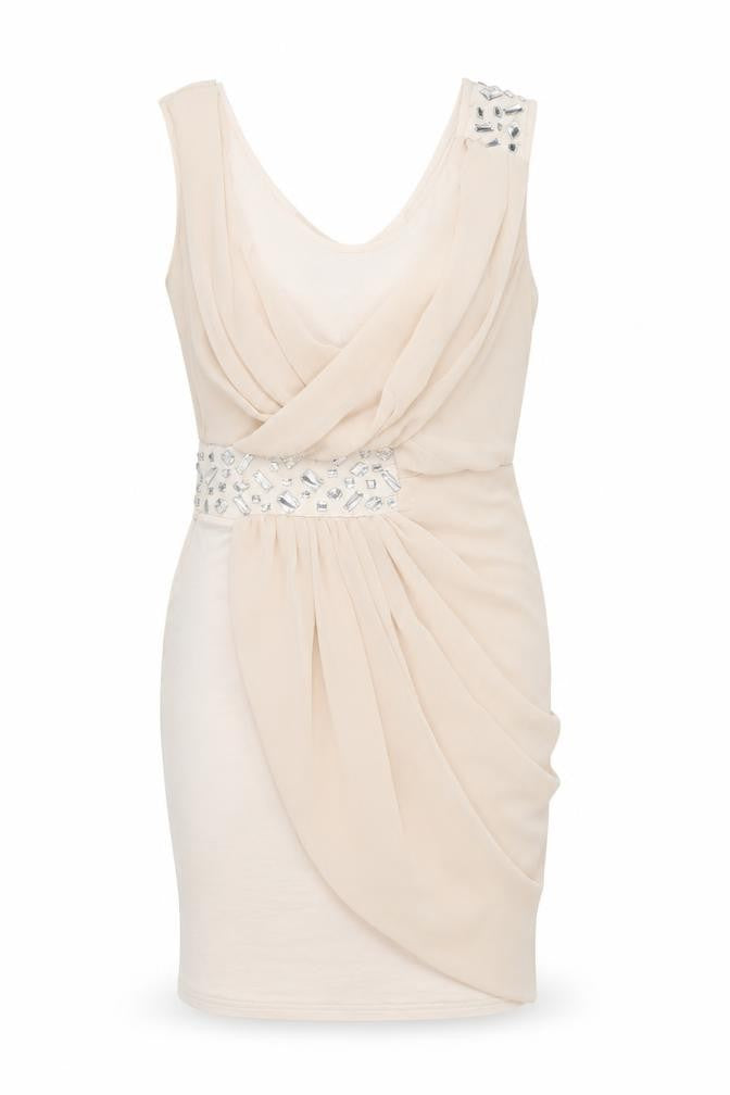 Lipsy Women Beige Beaded Bodycon Sleeveless Party Dress Size 8