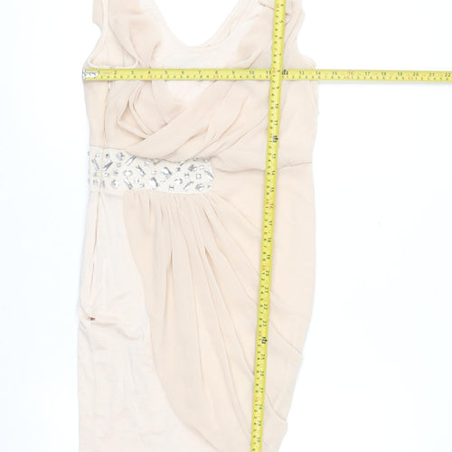 Lipsy Women Beige Beaded Bodycon Sleeveless Party Dress Size 8