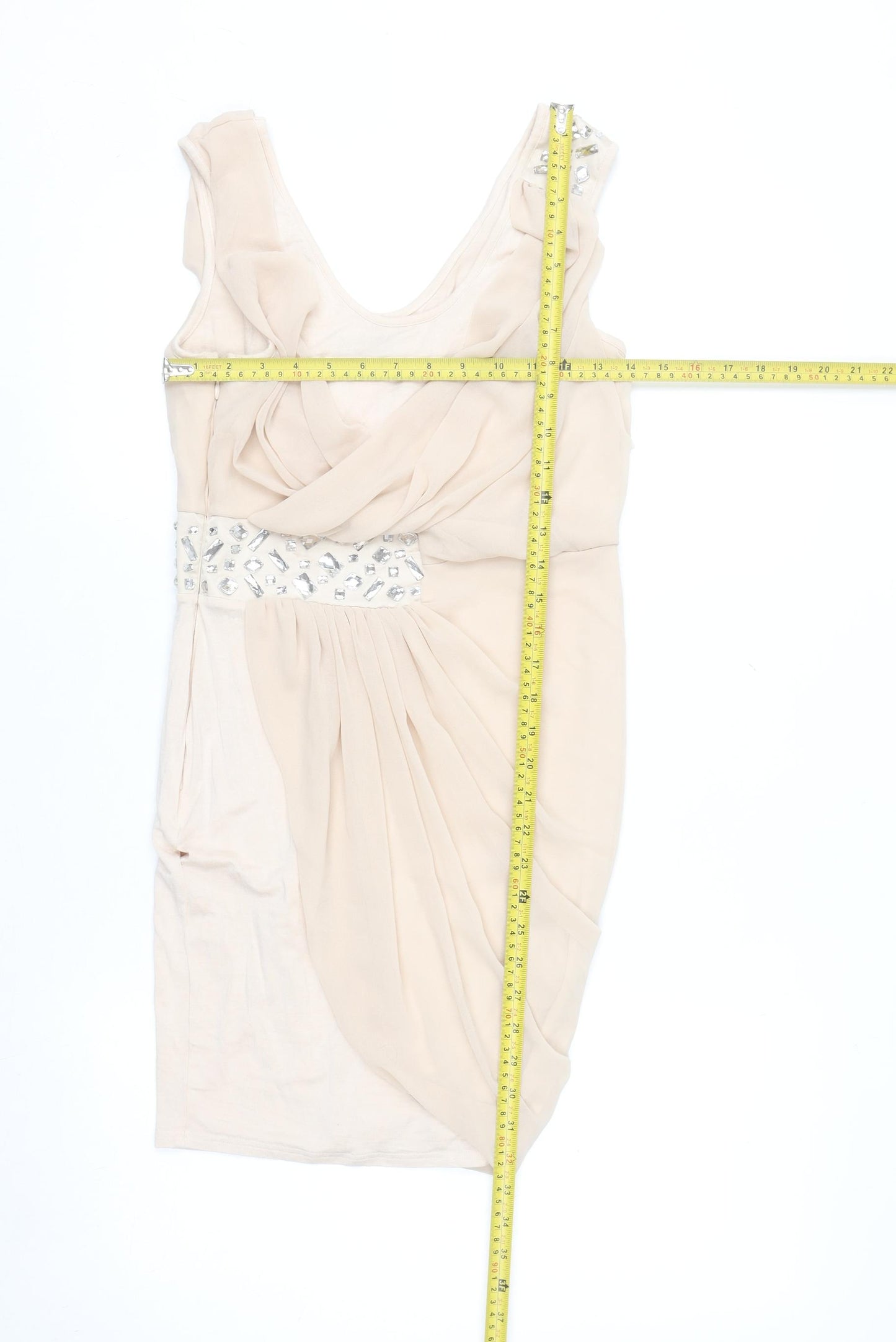 Lipsy Women Beige Beaded Bodycon Sleeveless Party Dress Size 8