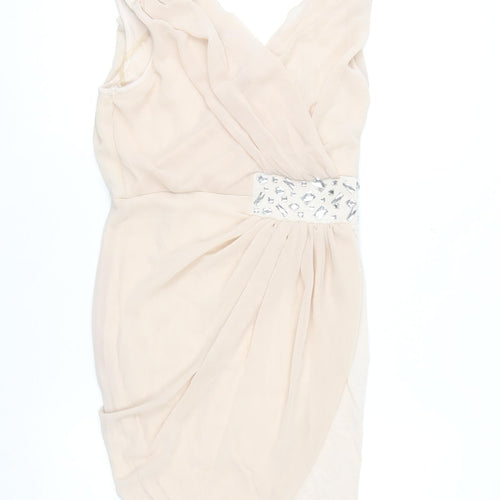 Lipsy Women Beige Beaded Bodycon Sleeveless Party Dress Size 8