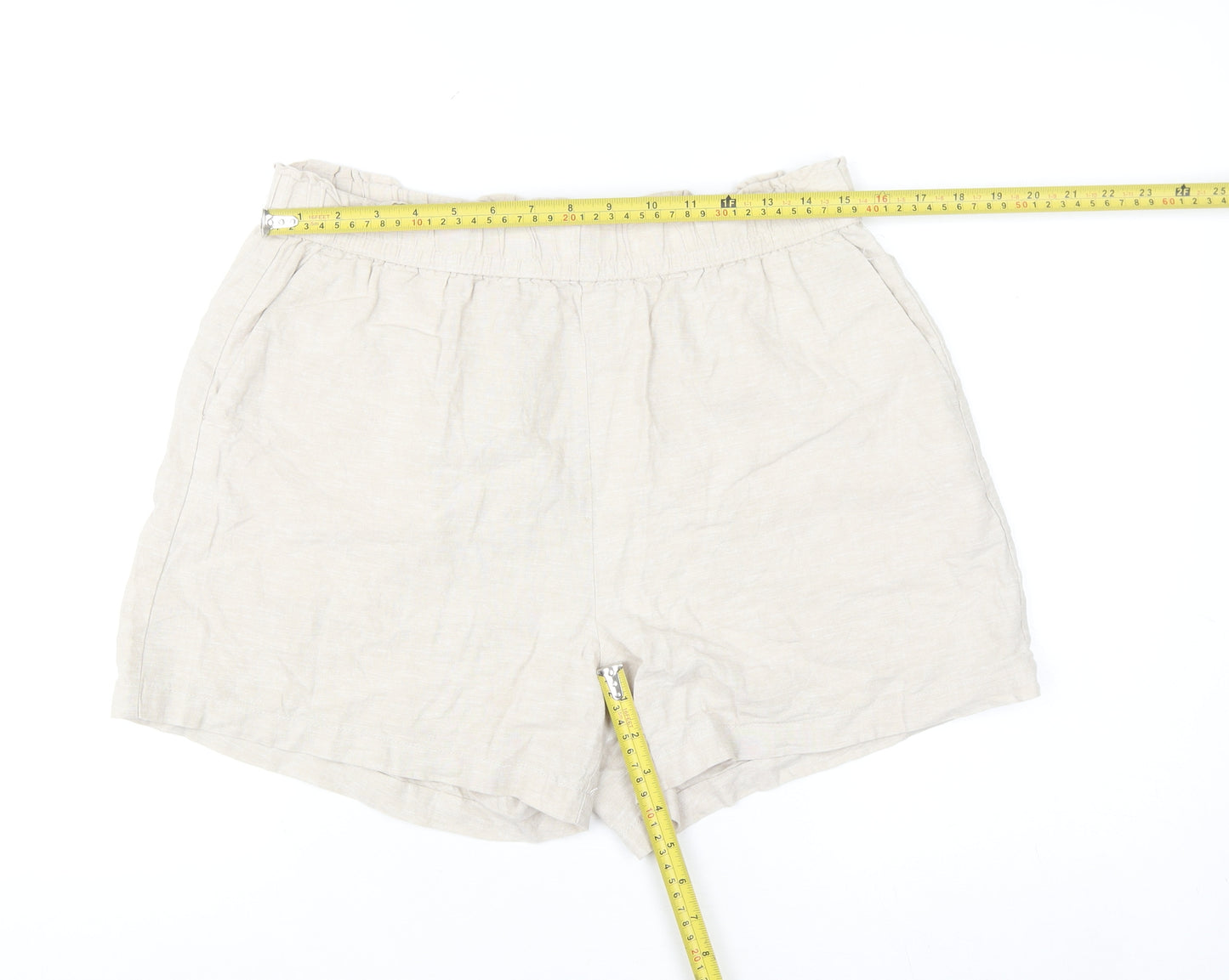 Dunnes Men Beige Linen Cotton Elastic Waist Casual Shorts Size M