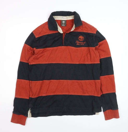 Timberland Men’s Red & Navy Striped Long Sleeve Rugby Polo Shirt Size S