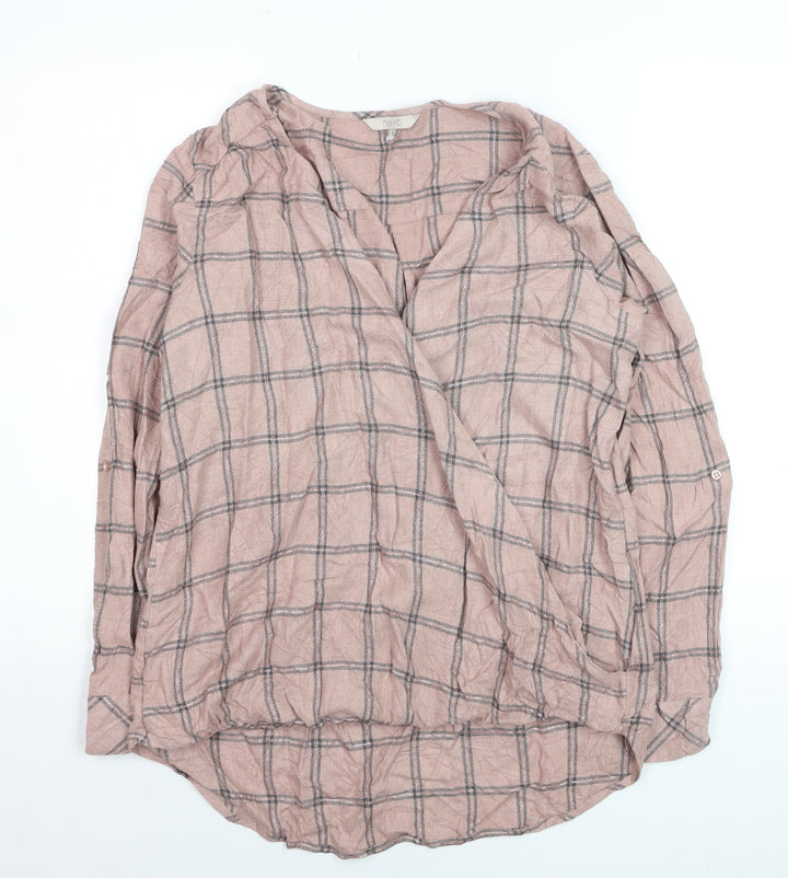 Next Women's Pink Check Wrap Blouse Size 14 Long Sleeve V-Neck