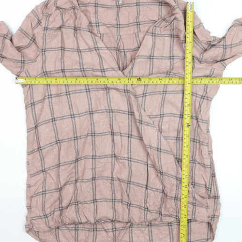 Next Women's Pink Check Wrap Blouse Size 14 Long Sleeve V-Neck
