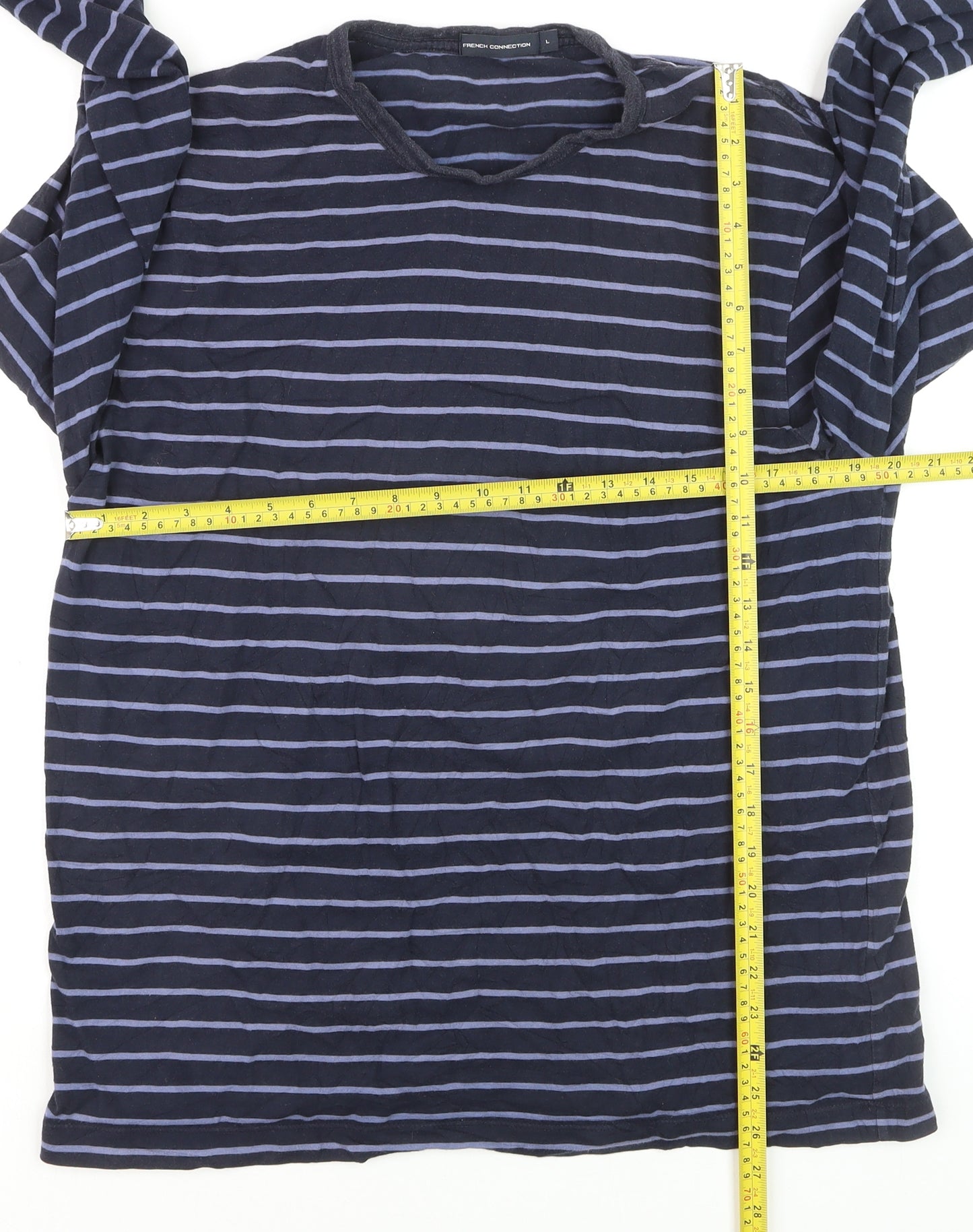 French Connection Men's Blue Striped Long Sleeve Cotton Top Size L