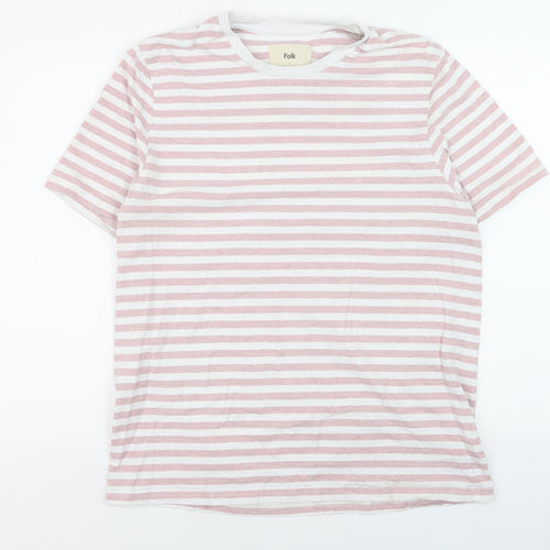 Folk Men's Pink White Striped Cotton Crew Neck T-Shirt Size L