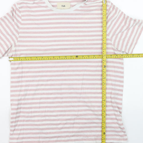 Folk Men's Pink White Striped Cotton Crew Neck T-Shirt Size L