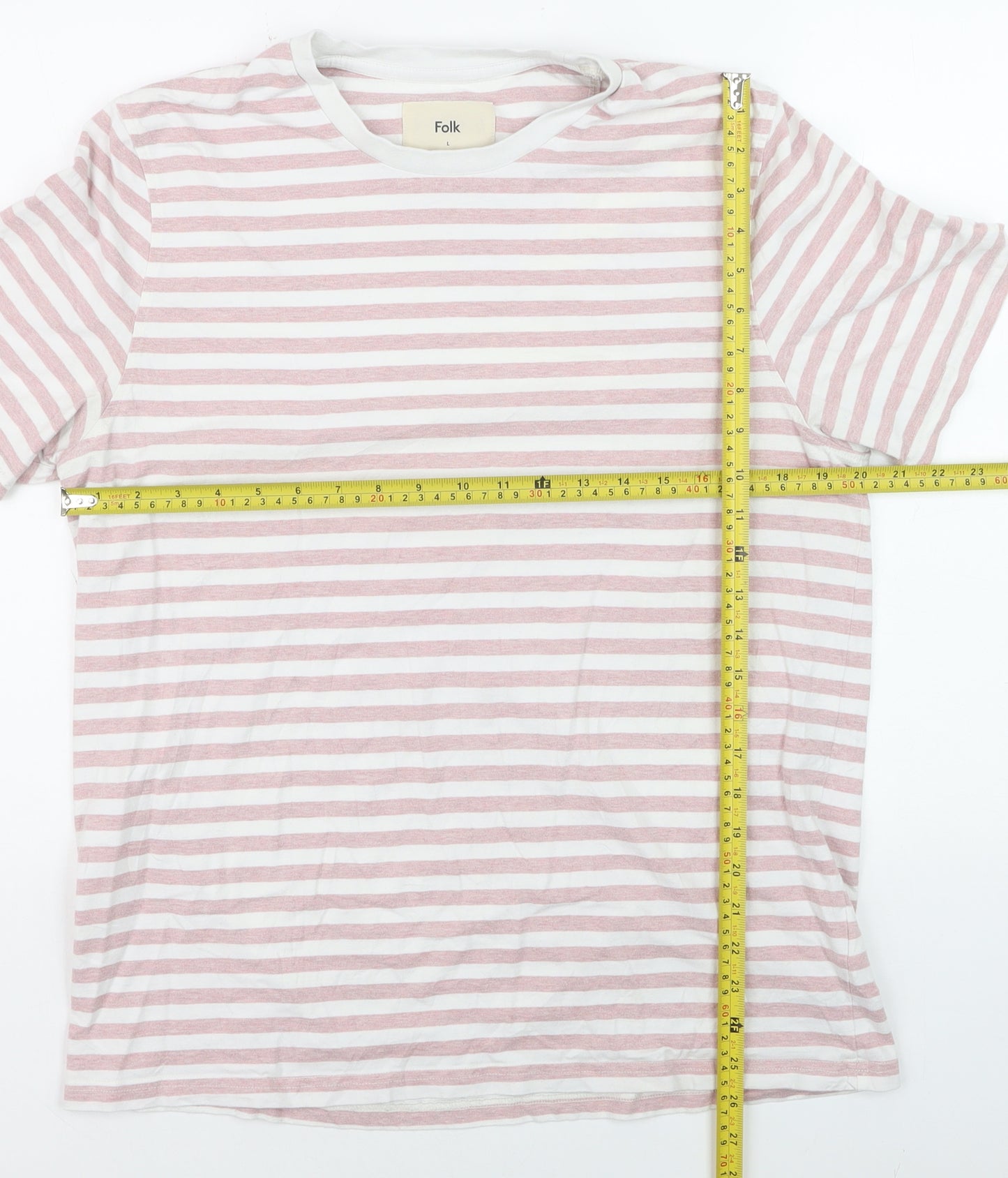 Folk Men's Pink White Striped Cotton Crew Neck T-Shirt Size L