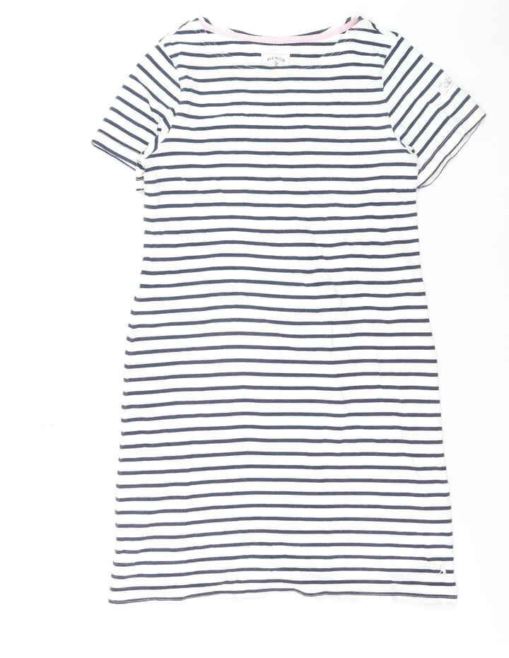 Joules Women White Navy Striped Cotton T-Shirt Dress Size 12