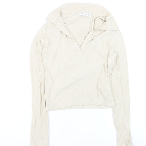 Stradivarius Women Beige Collared Ribbed Cropped Long Sleeve Top S