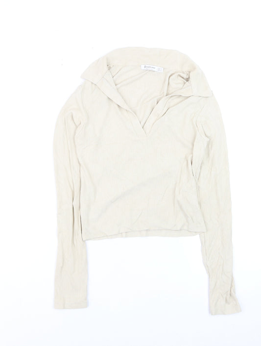 Stradivarius Women Beige Collared Ribbed Cropped Long Sleeve Top S