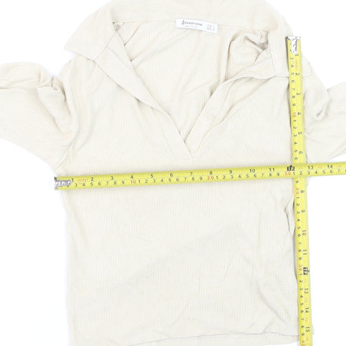 Stradivarius Women Beige Collared Ribbed Cropped Long Sleeve Top S