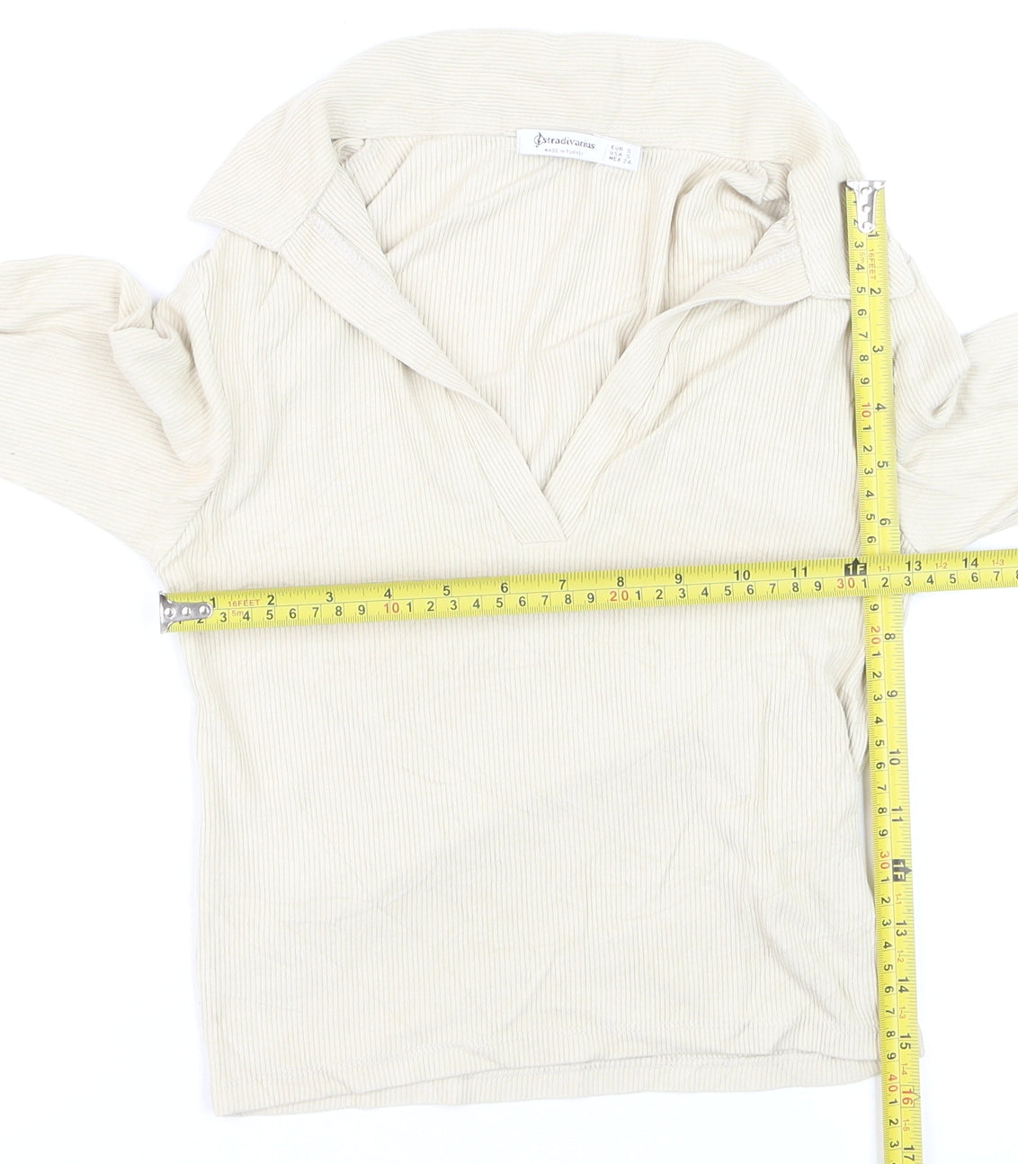 Stradivarius Women Beige Collared Ribbed Cropped Long Sleeve Top S
