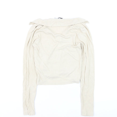 Stradivarius Women Beige Collared Ribbed Cropped Long Sleeve Top S