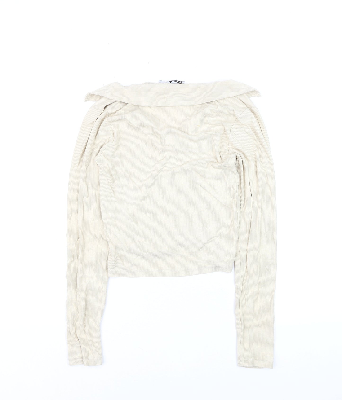 Stradivarius Women Beige Collared Ribbed Cropped Long Sleeve Top S